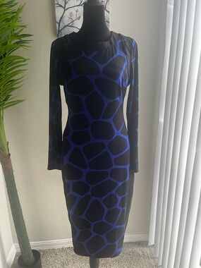 Elegant Black Long-Sleeve Dress with Blue Abstract Pattern
